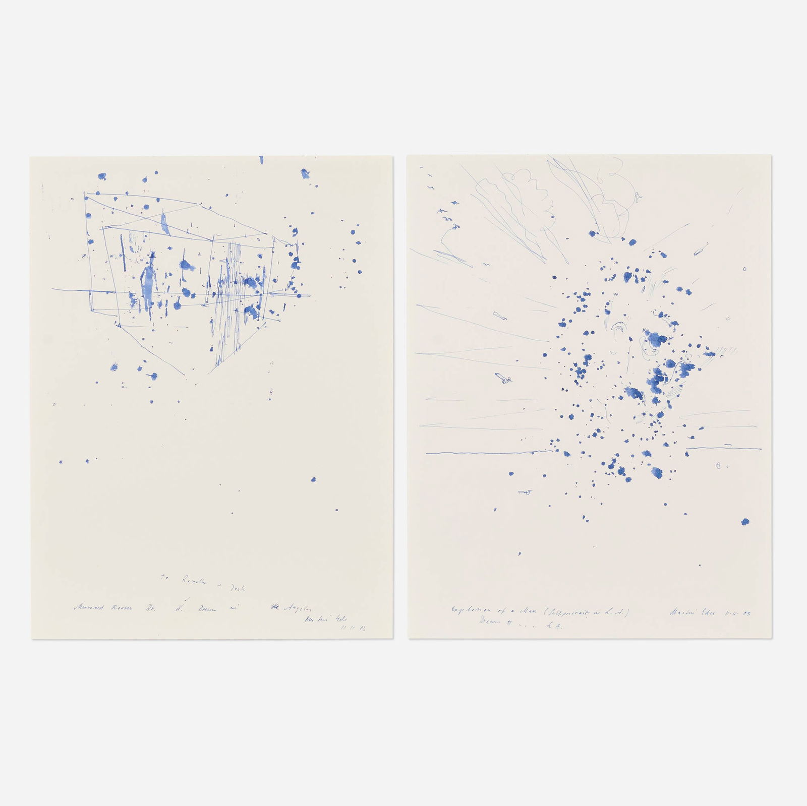 Martin Eder, Two works: Martin Eder Mirrored Room Dr. Dream in Los Angeles; Explosion of a Man (Self-Portrait in L.A.) (two works) 2003ink on paper each: 11.75 h x 9 w in (30 x 23 cm) Signed, titled and dated to lowe