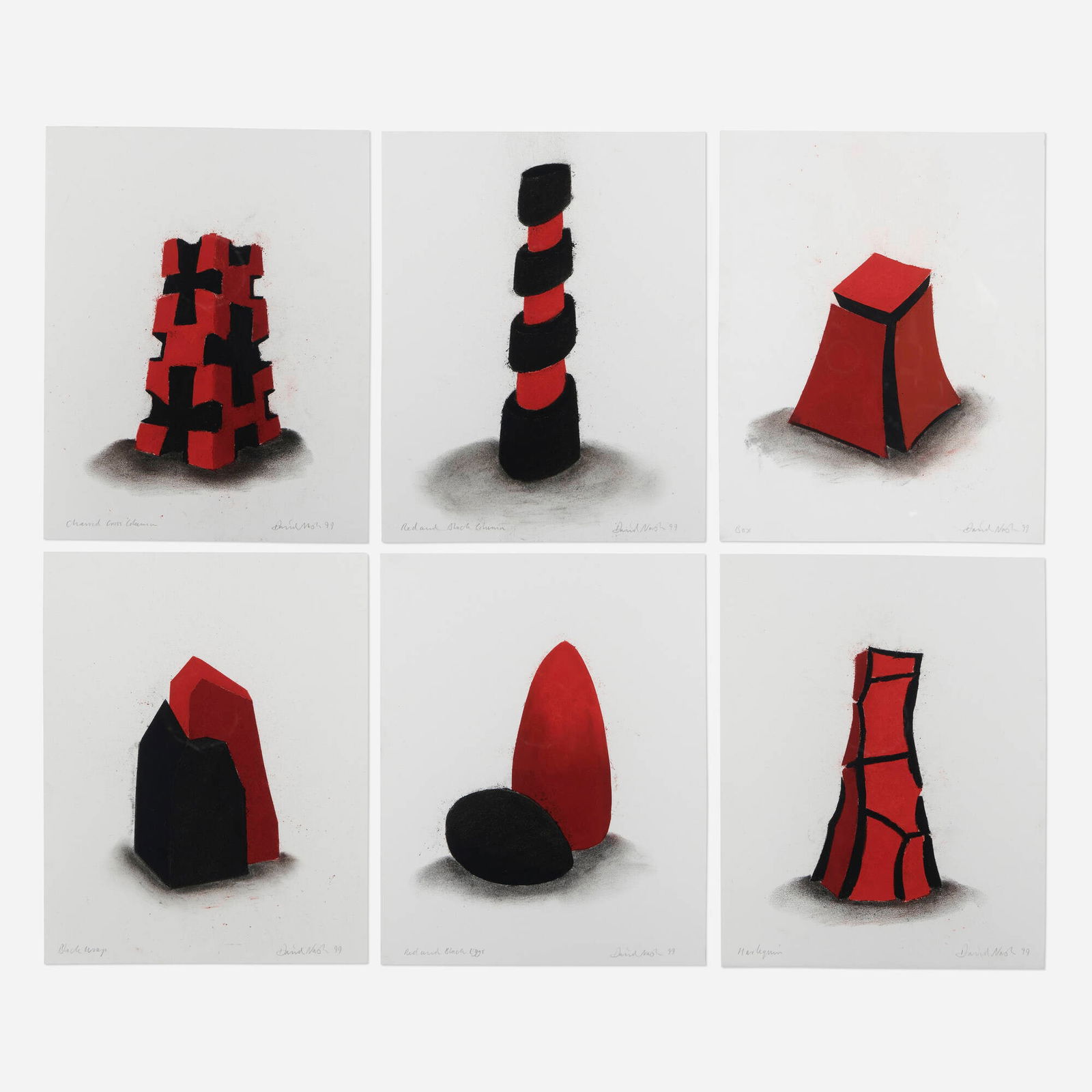 David Nash, Six works: David Nash Six works from the Red and Black portfolio 1999charcoal and pastel on paper 11 h x 8.75 w in (28 x 22 cm) Lot includes Red and Black Eggs, Charred Cross Column, Bla