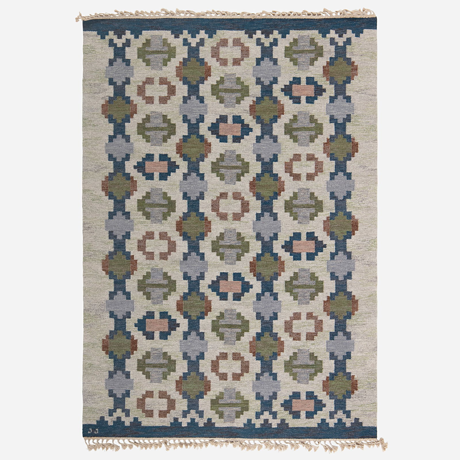 Judith Johansson, Flatweave carpet: Judith Johansson Flatweave carpet Sweden, c. 1950hand-woven wool 6'2" x 8'9" in (188 x 267 cm) Woven signature to edge 'JJ'. This work will ship from Lambertville, New Jers