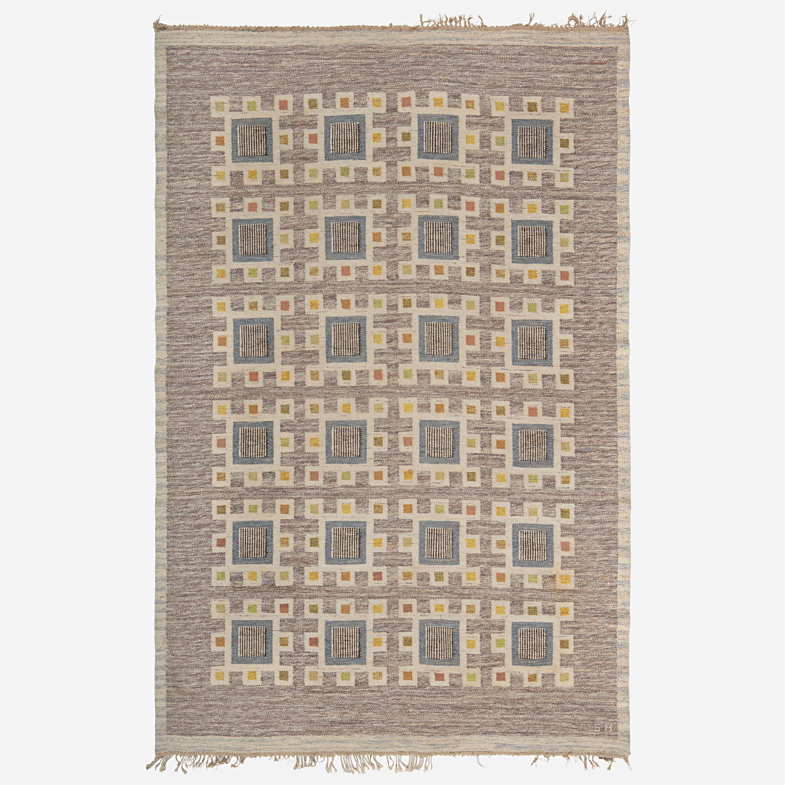 Edna Martin, Flatweave carpet: Edna Martin Flatweave carpet Svensk HemslojdSweden, c. 1950hand-woven wool 6'6" x 10'1" in (198 x 307 cm) Woven signature to edge 'SH'. This work will ship from Lambe