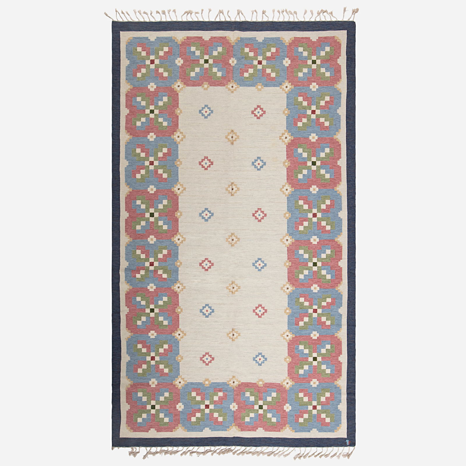 Judith Johansson, Flatweave carpet: Judith Johansson Flatweave carpet Sweden, c. 1940hand-woven wool 9'6" x 16'6" in (290 x 503 cm) Woven signature to edge 'JJ'. This work will ship from Lambertville, New Jer