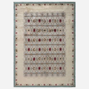 Paule Leleu, Art Deco pile carpet: Paule Leleu Art Deco pile carpet France, c. 1950hand-knotted wool 7'6" x 10'4" in (229 x 315 cm) Woven signature to edge 'Leleu'. This work will ship from Lambertville, New