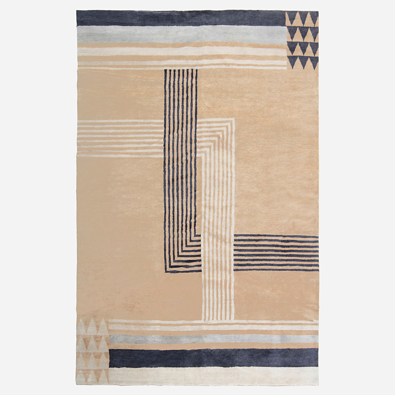 Contemporary, Art Deco-style pile carpet: Contemporary Art Deco-style pile carpet Doris Leslie Blau21st centuryhand-knotted wool 8'6" x 13'2" in (259 x 401 cm) This design was inspired by the work of Marion Dorn.