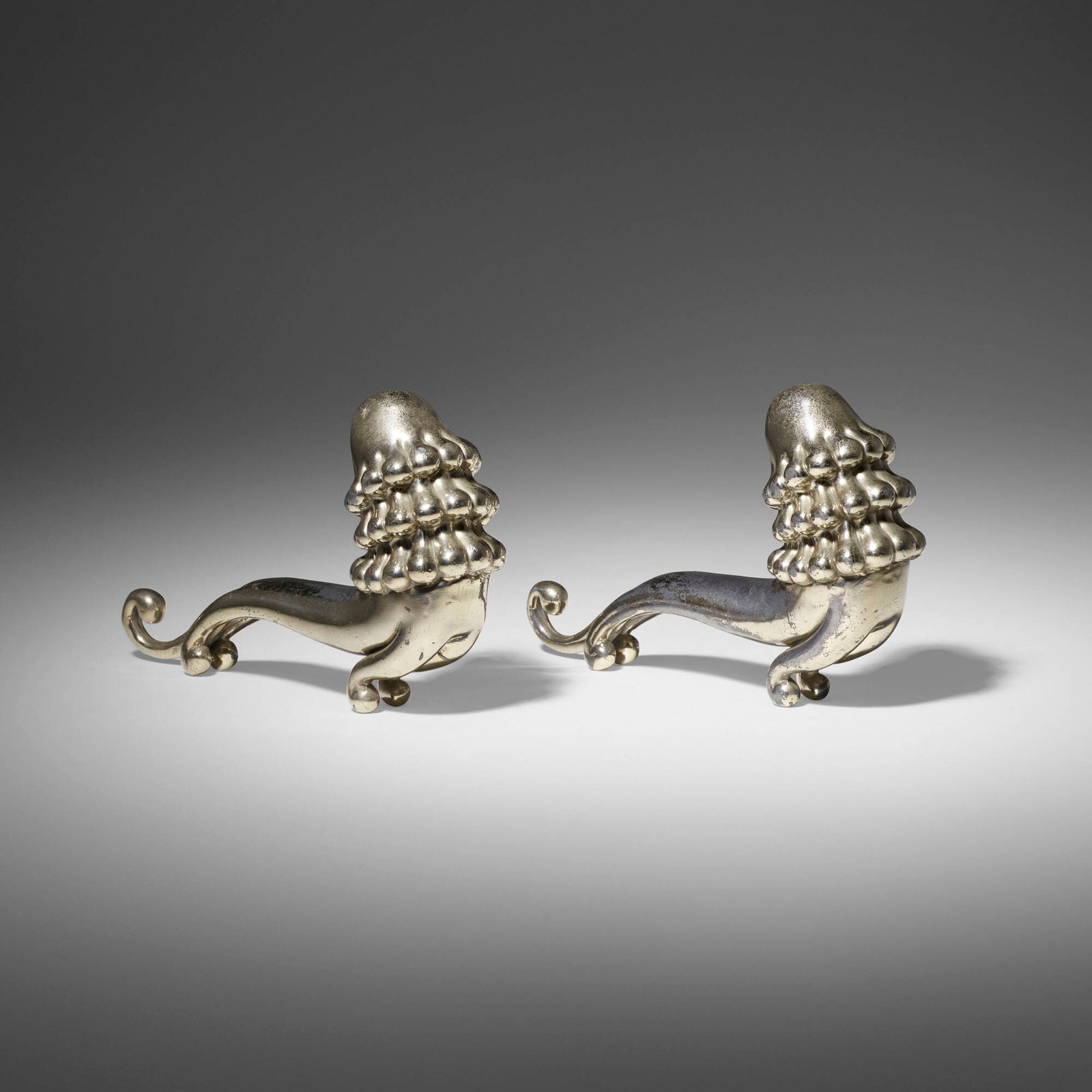 Russel Wright, Rare Moaninlo bookends: Russel Wright Rare Moaninlo bookends Russel Wright, Inc.USA, c. 1930nickel-plated metal 5 h x 7.75 w x 2 d in (13 x 20 x 5 cm) Literature: Collector's Encyclopedia of