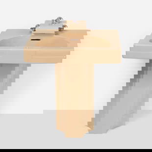 Henry Dreyfuss, Crane Neuvogue pedestal sink: Henry Dreyfuss Crane Neuvogue pedestal sink Trenton Potteries Company for Crane Co.USA, c. 1939glazed porcelain, chrome-plated aluminum 37 h x 27 w x 21.75 d in (94 x 69 x 55 cm) Stamped