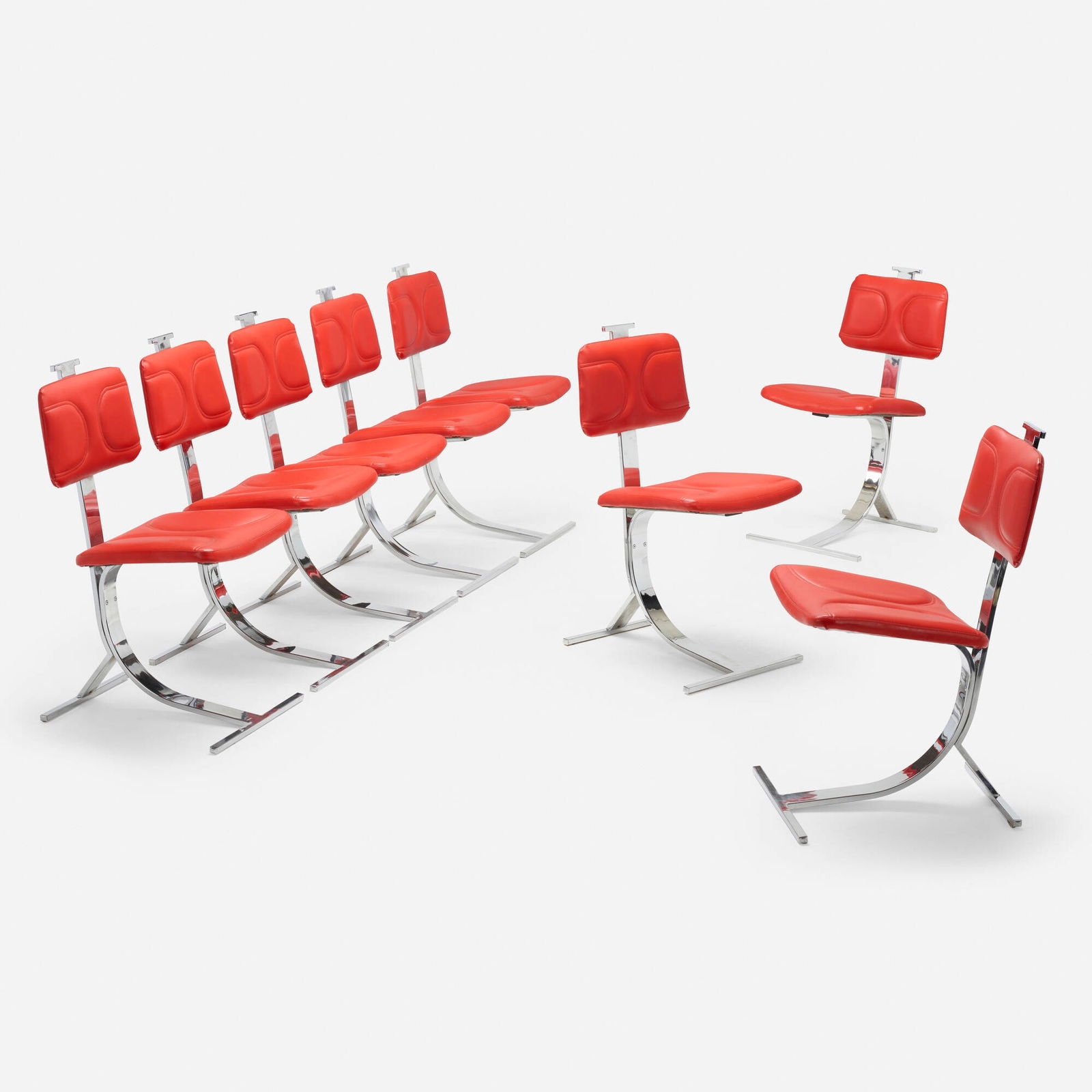 Pierre Folie, Dining chairs, set of eight: Pierre Folie Dining chairs, set of eight France, c. 1970chrome-plated steel, vinyl 34 h x 17 w x 21.5 d in (86 x 43 x 55 cm) This work will ship from Chicago, Illinois.