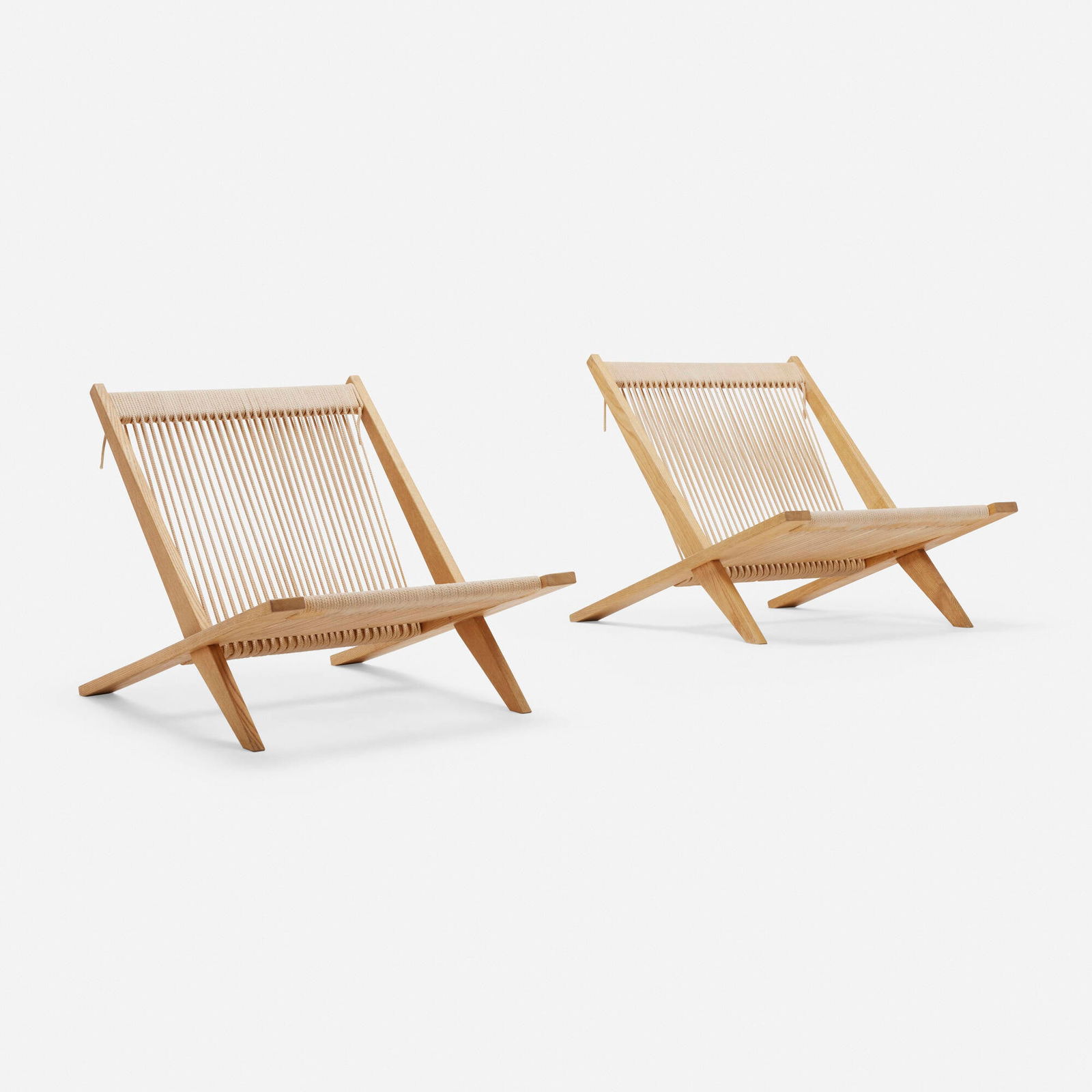 Poul Kjaerholm and Jorgen Hoj, Lounge chairs: Poul Kjaerholm and Jorgen Hoj Lounge chairs from the Self-Assembled Furniture series, pair Thorvald Madsens SnedkerierDenmark, c. 1952ash, rope 24 h x 25.75 w x 31 d in (61 x 65 x 79 cm)