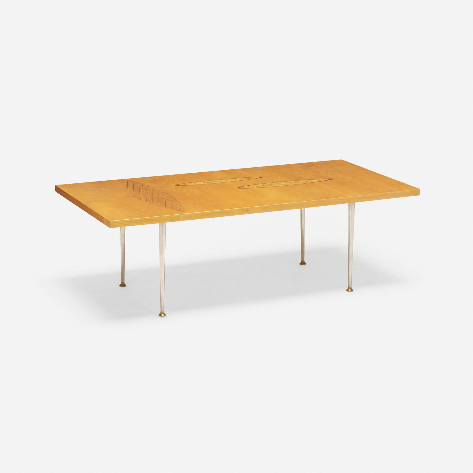 Tapio Wirkkala, Coffee table, model 9014: Tapio Wirkkala Coffee table, model 9014 AskoFinland, 1958maple, hazelwood inlay, chrome-plated steel, brass 15.75 h x 48.75 w x 24.25 d in (40 x 124 x 62 cm) Branded manufacturer's mark
