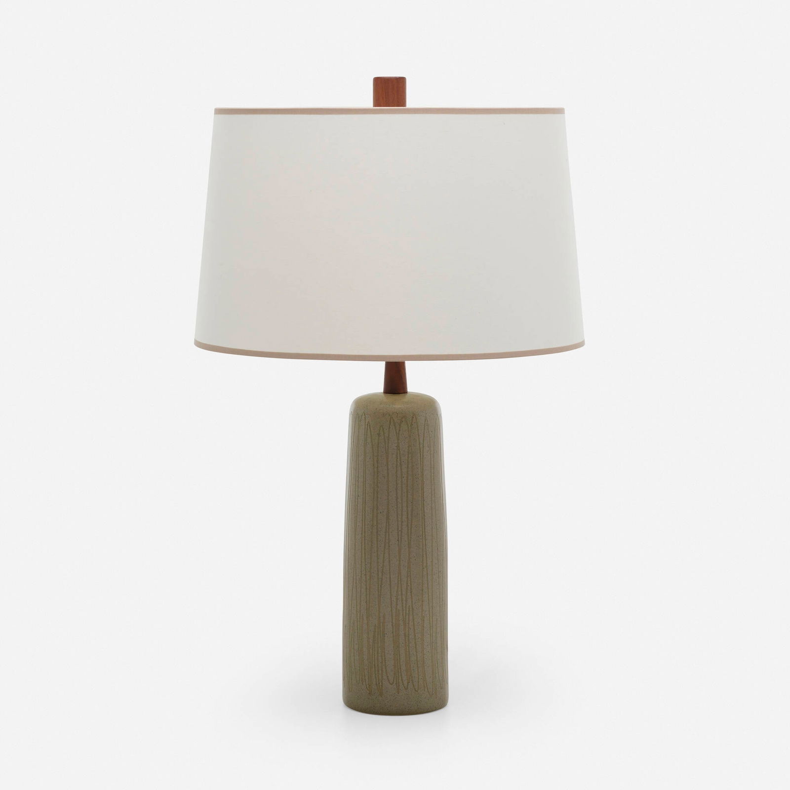 Gordon and Jane Martz, Table lamp: Gordon and Jane Martz Table lamp USA, c. 1950glazed earthenware, linen shade, walnut 28.875 h x 17.5 dia in (73 x 44 cm) Incised signature to reverse 'Martz'. This work wil
