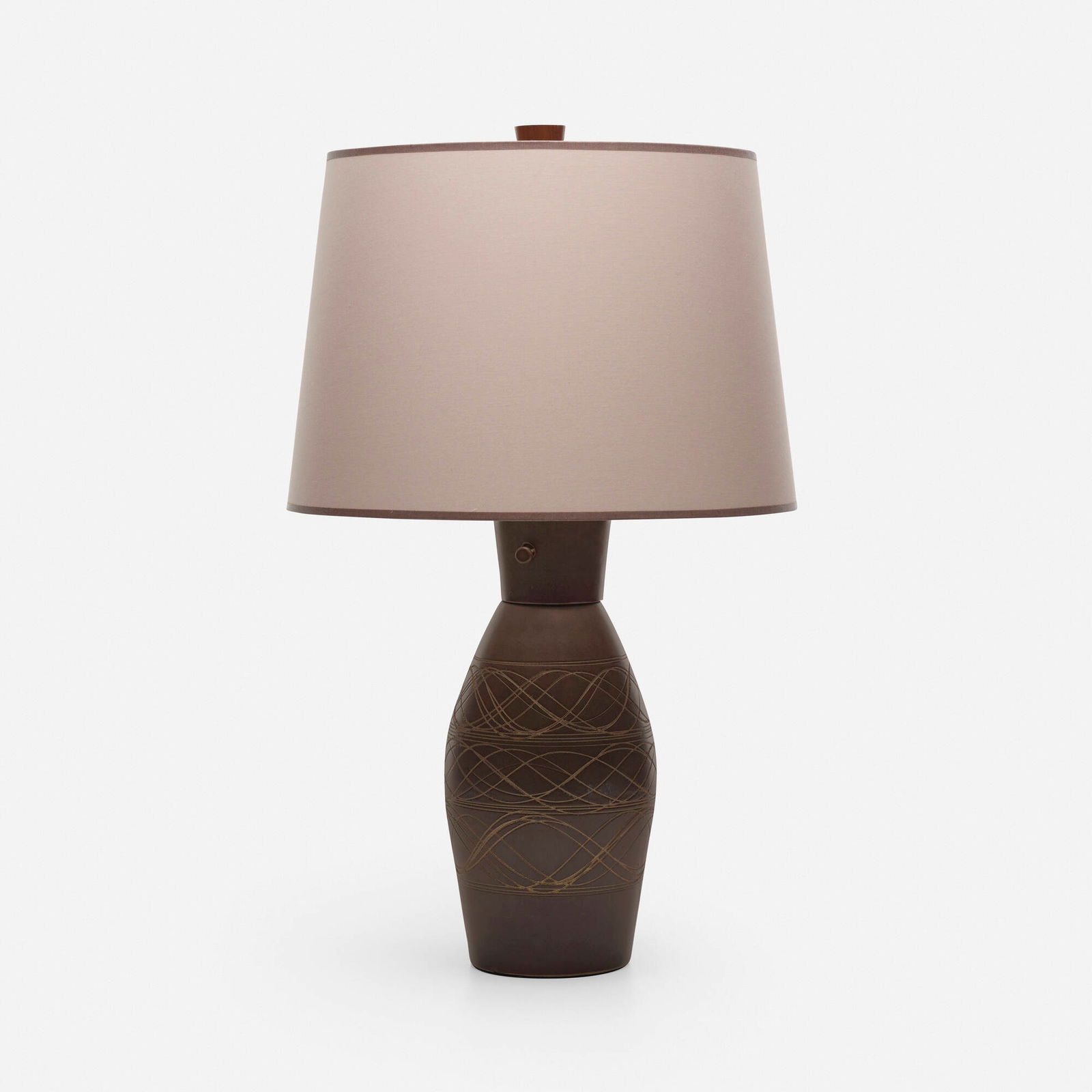 Gordon and Jane Martz, Table lamp: Gordon and Jane Martz Table lamp USA, c. 1950glazed earthenware, paper shade, walnut 28 h x 16.75 dia in (71 x 43 cm) Incised signature to reverse 'Martz'. This work will s