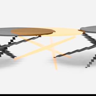 Jurg Bally, Adjustable occasional table: Jurg Bally Adjustable occasional table WohnhilfeGermany / Switzerland, 1951teak, beech, enameled aluminum 27.25 h x 39.25 dia in (69 x 100 cm) Table height is adjustable from 18 inches u