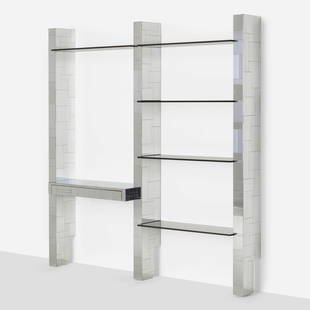 Paul Evans, Cityscape wall-mounted bookshelf: Paul Evans Cityscape wall-mounted bookshelf from the PE 200 series Paul Evans Studio for DirectionalUSA, c. 1975chrome-plated steel, glass 84.5 h x 81 w x 14 d in (215 x 206 x 36 cm) Uni