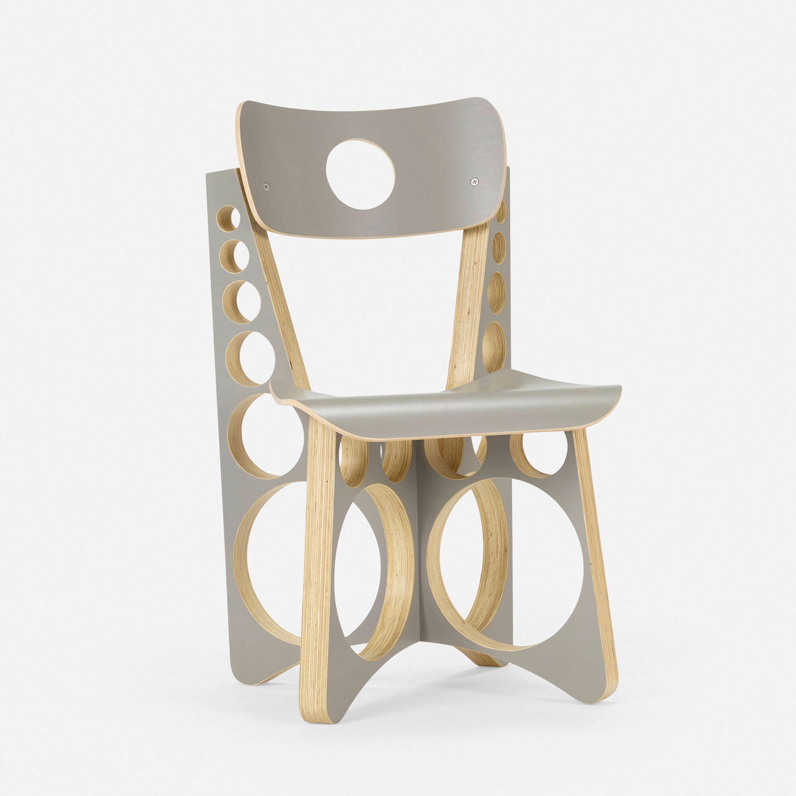 Tom Sachs, Shop Chair (Gray): Tom Sachs Shop Chair (Gray) USA, 2019painted maple and pine plywood 33 h x 18 w x 18 d in (84 x 46 x 46 cm) Dated and numbered to applied metal manufacturer's label to leg 'Tom Sachs S/N: 2019