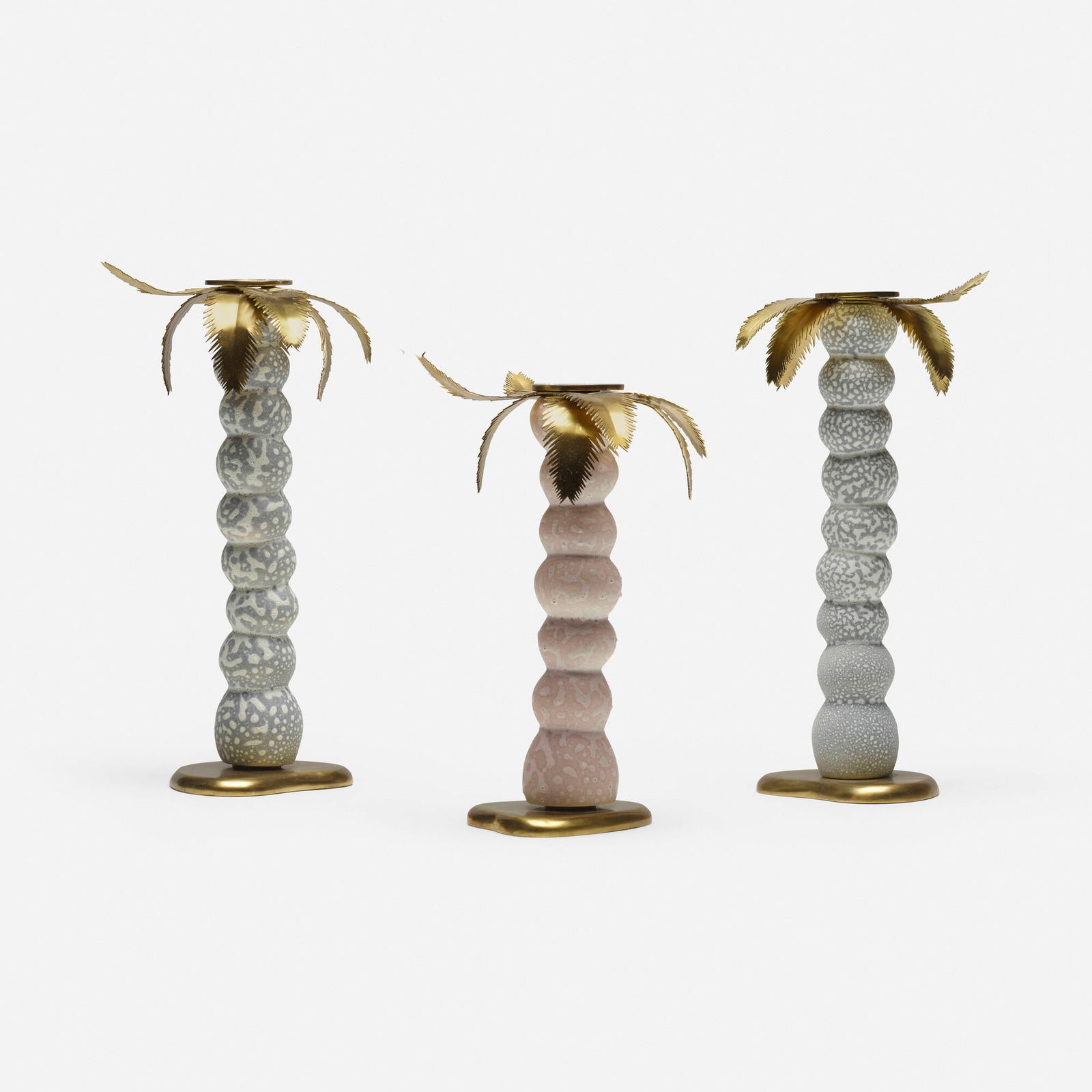 The Haas Brothers (Nikolai and Simon Haas), Mojave Palm candlesticks, set of three: The Haas Brothers (Nikolai and Simon Haas) Mojave Palm candlesticks, set of three L'ObjetUSA, 2018brass, glazed porcelain 12.75 h x 7.5 dia in (32 x 19 cm) 12.5 h x 7.5 dia in (32 x 19 cm)