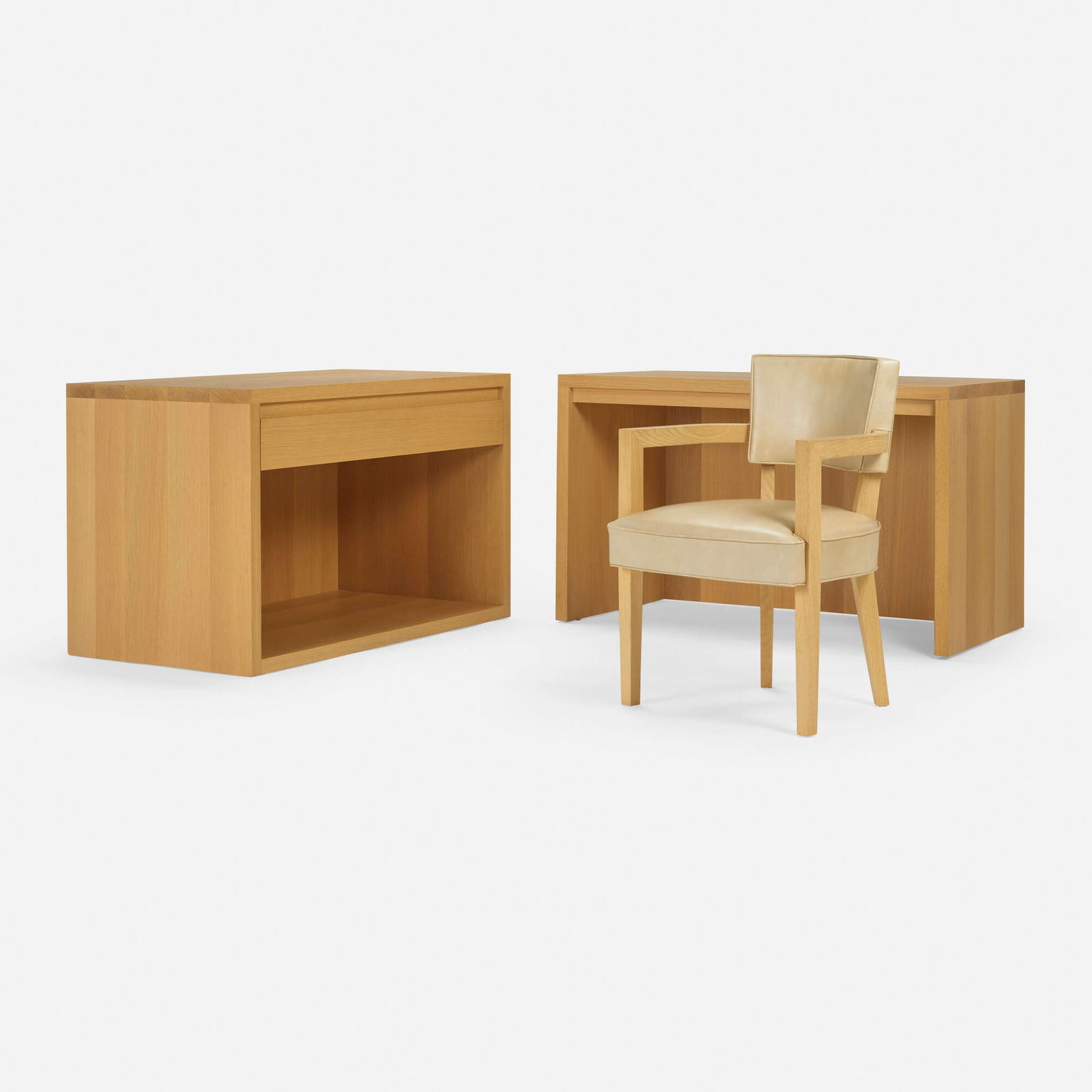 John Pawson, Custom desk, cabinet and chair from the Bronfman Residence, Beverly Hills: John Pawson Custom desk, cabinet and chair from the Bronfman Residence, Beverly Hills United Kingdom, c. 2010ash, leather cabinet: 28 h x 46 w x 24 d in (71 x 117 x 61 cm) desk: 28 h x 46 w x 24 d