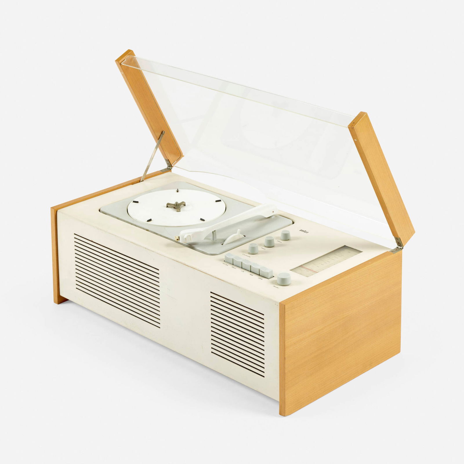 Dieter Rams and Hans Gugelot, SK 5 radiogram: Dieter Rams and Hans Gugelot SK 5 Phonosuper radiogram Braun AGGermany, 1958enameled steel, ash, enameled aluminum, plastic 9.5 h x 23 w x 11.5 d in (24 x 58 x 29 cm) Paper manufacturer'