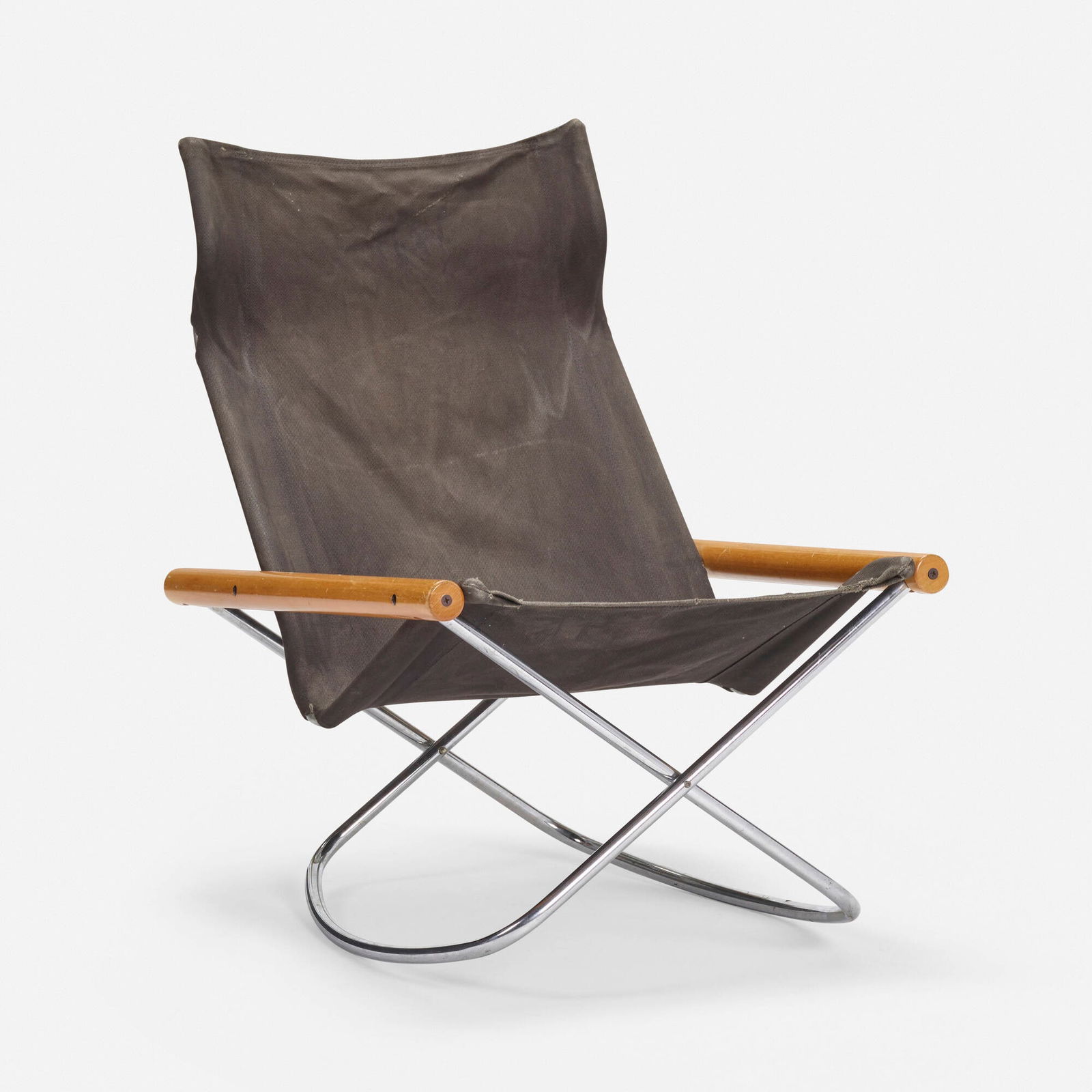 Takeshi Nii, Nychair X rocking chair: Takeshi Nii Nychair X rocking chair Fujiei KogyoJapan, 1958canvas, maple, chrome-plated steel 33 h x 24 w x 29 d in (84 x 61 x 74 cm) Rocking chair folds vertically for storage.