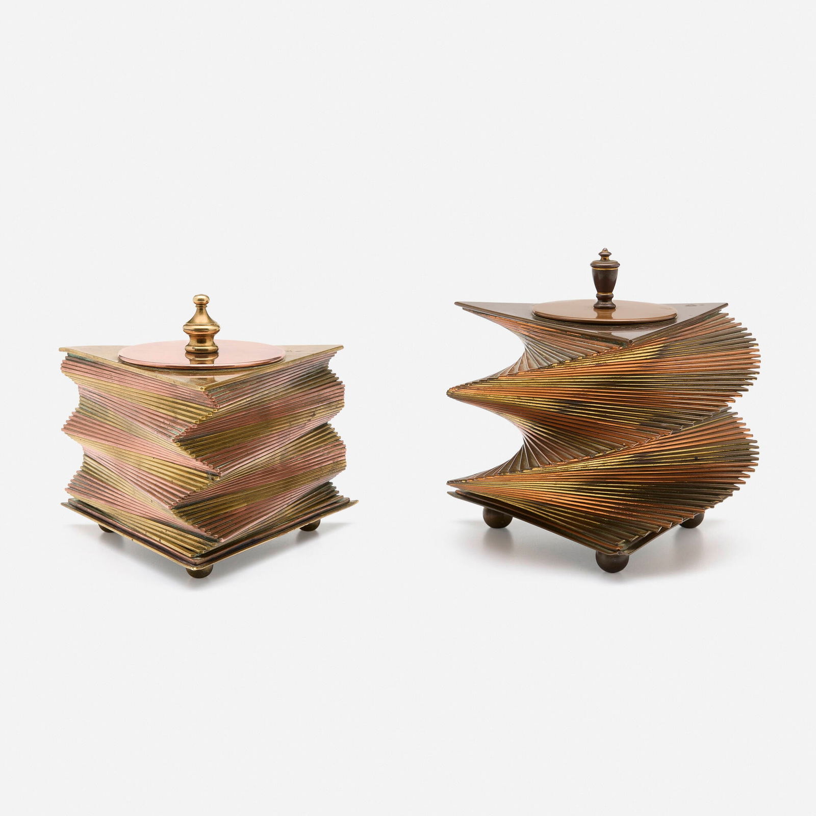 John Otar, Lidded boxes, set of two: John Otar Lidded boxes, set of two USA, c. 1933copper, brass 5.625 h x 5.75 dia in (14 x 15 cm) 4.75 h x 5.75 w x 5 d in (12 x 15 x 13 cm) Impressed manufacturer's mark to underside of each