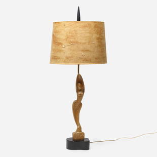 Yasha Heifetz, Table lamp: Yasha Heifetz Table lamp Heifetz Manufacturing Co.USA, c. 1955oak, brass, lacquered wood, paper 27 h x 7 w x 6.5 d in (69 x 18 x 17 cm) This work will ship from Chicago, Ill