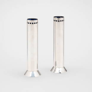 Richard Meier, Bud vases, pair: Richard Meier Bud vases, pair Swid PowellUSA/Italy, c. 1985silver plate, glass 7.25 h x 2.125 dia in (18 x 5 cm) Impressed manufacturer's mark underside of each example 'Swid Powell R.M.