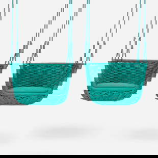 Francesco Rota, Adagio swings, pair: Francesco Rota Adagio swings, pair Paola LentiItaly, 2012 / 2023hand-woven rope cord, stainless steel 103 h x 22.5 w x 19 d in (262 x 57 x 48 cm) Manufacturer's label to each seat 'Paola