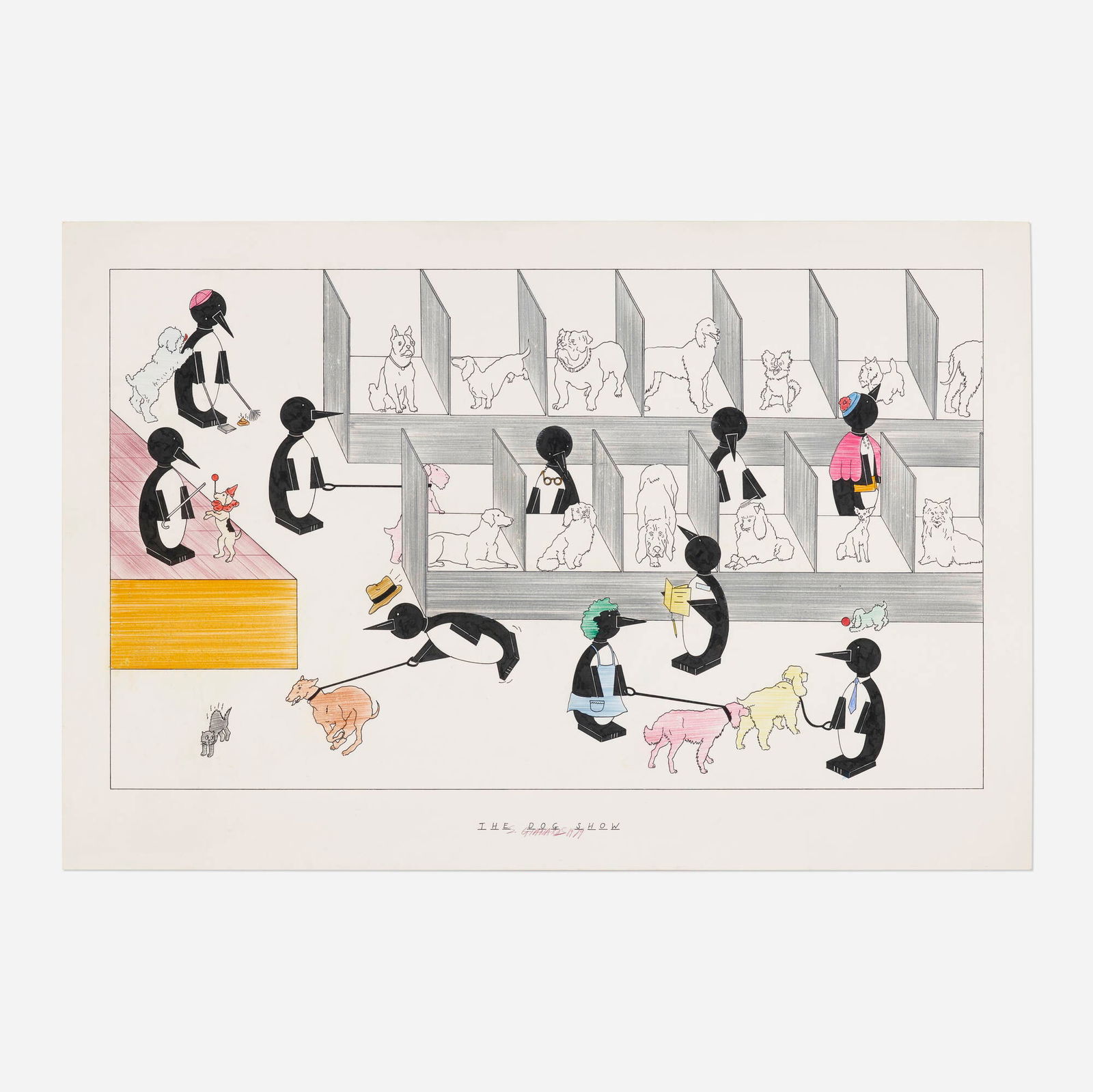 Steve Gianakos, The Dog Show: Steve Gianakos The Dog Show 1979ink and colored pencil on museum board 39.875 h x 59.5 w in (101 x 151 cm) Signed, titled and dated to lower edge 'The Dog Show S. Gianakos 1979'.