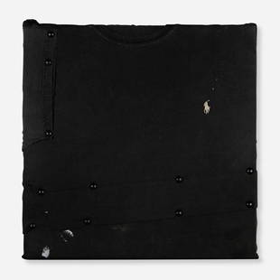 Tom Burr, his personal effects (black): Tom Burr his personal effects (black) (two works) 2012men's T-shirt and upholstery tacks over plywood 15.75 h x 15.5 w in (40 x 39 cm) Signed and dated to verso 'Tom Burr 2012'.