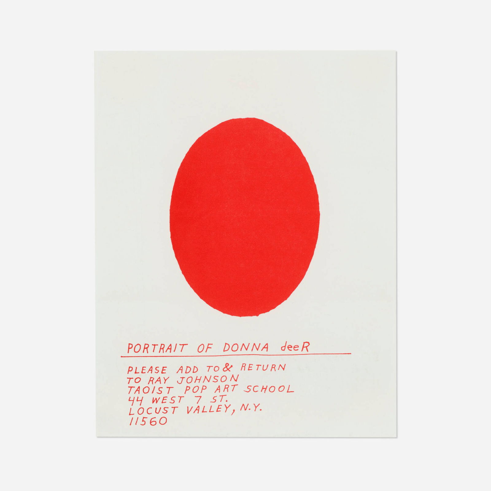 Ray Johnson, Untitled (Portrait of Donna Deer): Ray Johnson Untitled (Portrait of Donna Deer) Xerox on paper 10.875 h x 8.50 w in (28 x 22 cm) This work will ship from Lambertville, New Jersey.