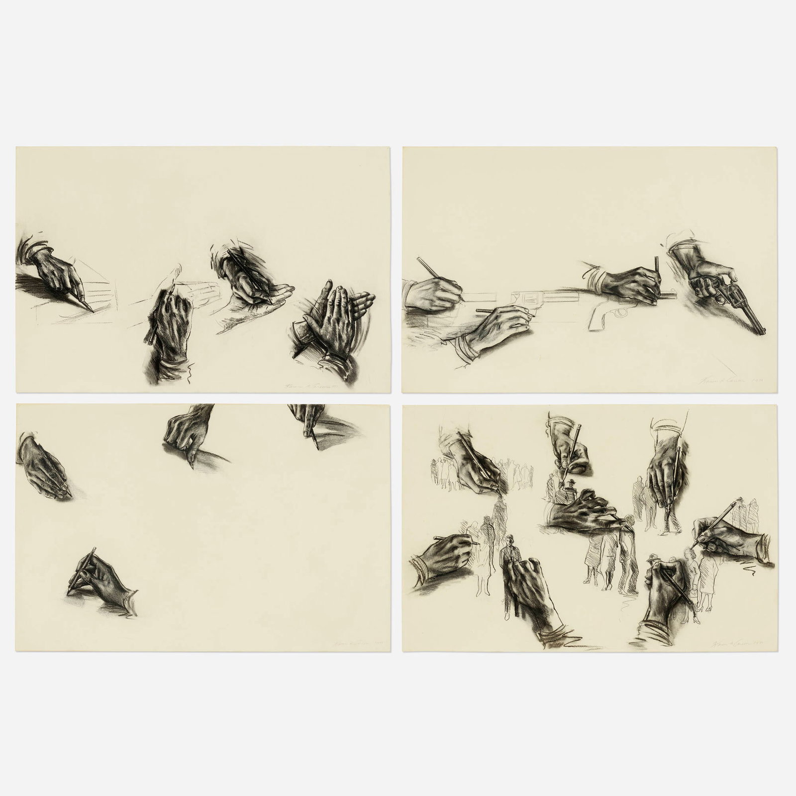 Karen Carson, How to Draw (four works): Karen Carson How to Draw (A Gun); How to Draw (Applause); How to Draw (A Crowd); How to Draw (Blank) (four works) 1976 charcoal on paper 24.625 h x 38 w in (63 x 97 cm) Signed and dated to lowe