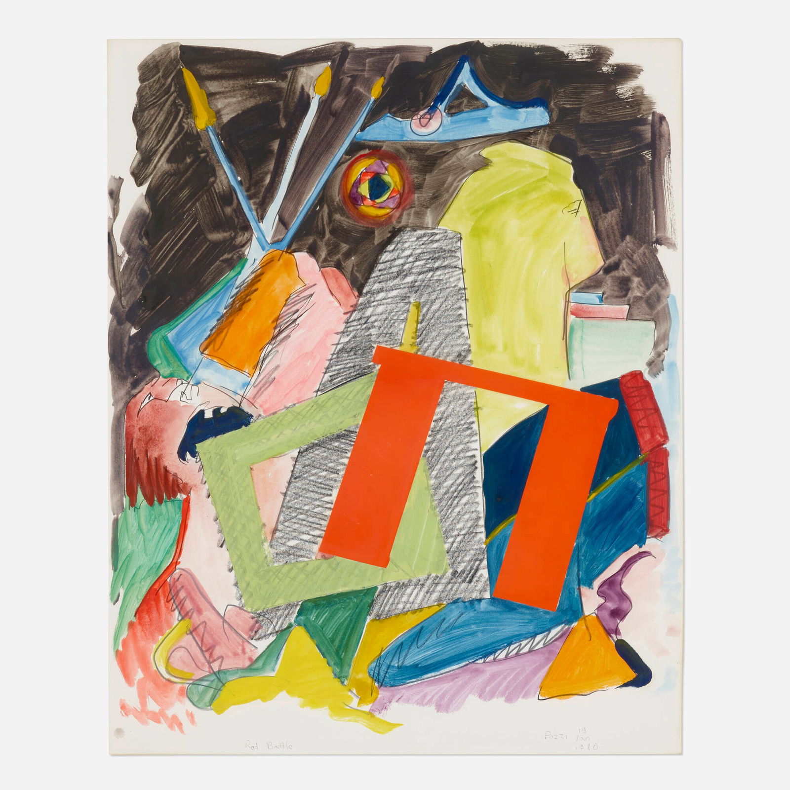 Lucio Pozzi, Red Battle: Lucio Pozzi Red Battle 1980egg tempera, graphite and charcoal on paper 40 h x 31.75 w in (102 x 81 cm) Signed, titled and dated to lower edge 'Red Battle Pozzi 19 Jan 1980'. Pro