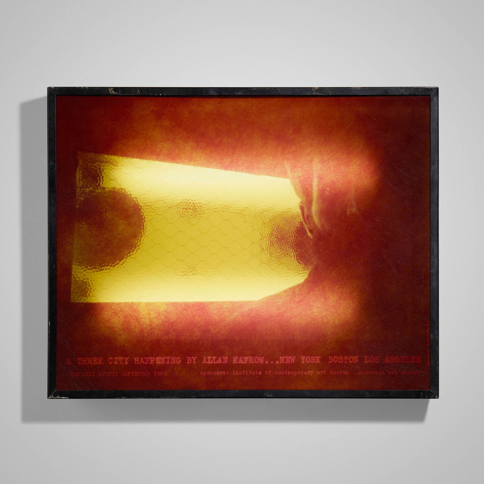 George Segal, A three city happening: George Segal A three city happening by Allan Kaprow, New York, Boston, Los Angeles 1966illuminated metal shadowbox with two fluorescent fixtures, cardboard, fiberglass 19.5 h x 24.5 w x 6 d in (50 x