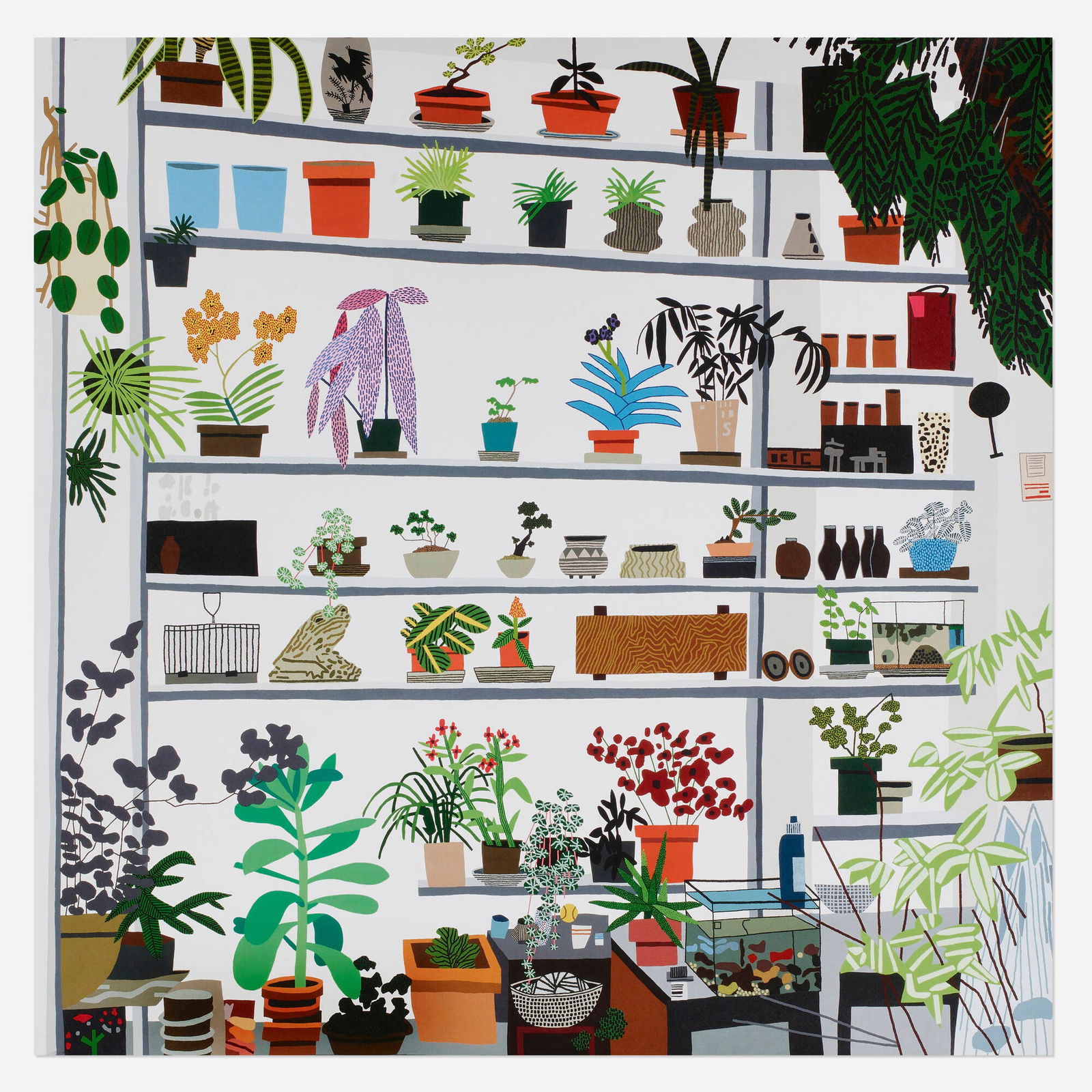 Jonas Wood, Large Shelf Still Life: Jonas Wood Large Shelf Still Life 2017offset lithograph in colors 22.875 h x 23 w in (58 x 58 cm) This work is from an unnumbered edition published in conjunction with the exhibition Shio K