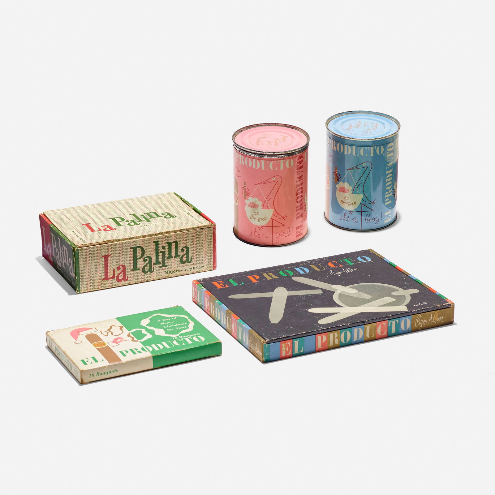 Paul Rand, Cigar packaging collection: Paul Rand Cigar packaging collection USA, c. 1955enameled steel, offset lithograph, cigars large box: 1.25 h x 11 w x 8.75 d in (3 x 28 x 22 cm) tins: 5.5 h x 4 dia in (14 x 10 cm) small box: .
