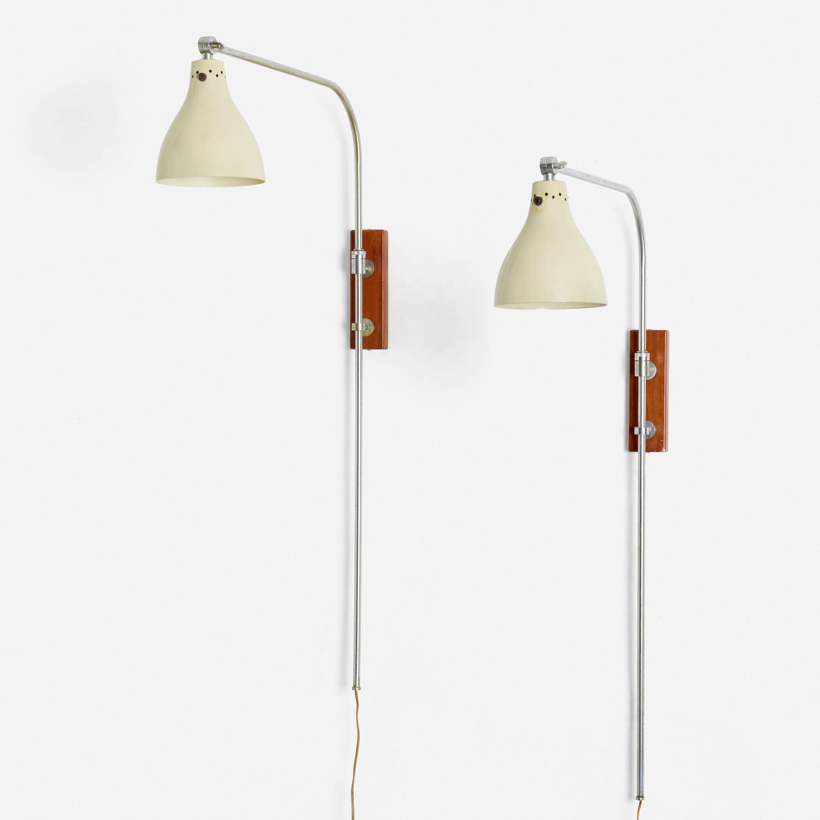 Greta von Nessen, Articulated wall lamps, pair: Greta von Nessen Articulated wall lamps, pair Nessen Studio, Inc.USA, 1951enameled aluminum, matte and chrome-plated steel, walnut 42 h x 25.25 w x 7.5 d in (107 x 64 x 19 cm)