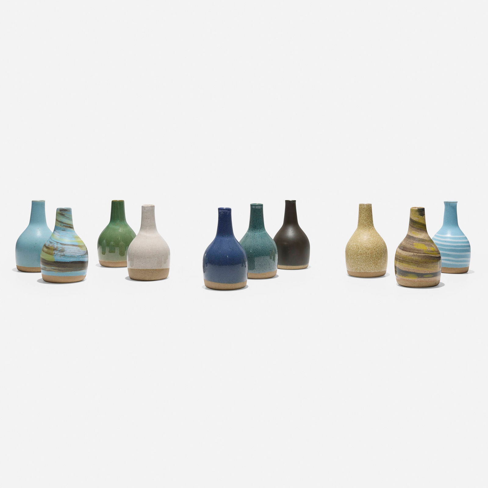 Gordon and Jane Martz, Vases, set of ten: Gordon and Jane Martz Vases model M80, set of ten Marshall StudiosUSA, c. 1953glazed stoneware 4 h x 2.125 dia in (10 x 5 cm) Incised signature and number to underside of each example 'M