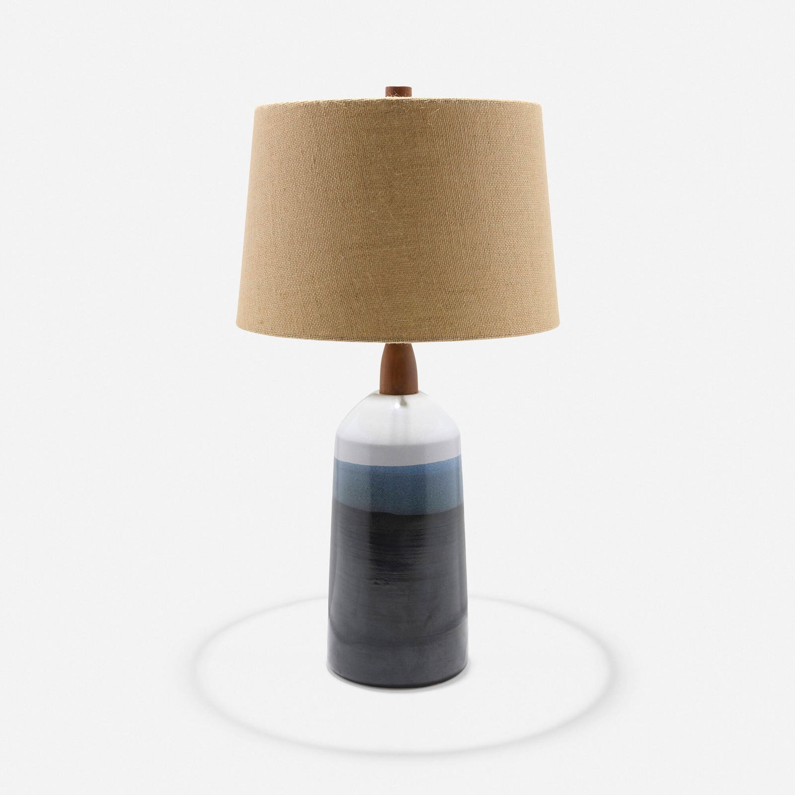 Gordon and Jane Martz, Table lamp: Gordon and Jane Martz Table lamp Marshall StudiosUSA, c. 1955glazed earthenware, walnut, fabric shade 27.5 h x 15 dia in (70 x 38 cm) Incised signature to lower edge 'Martz'.