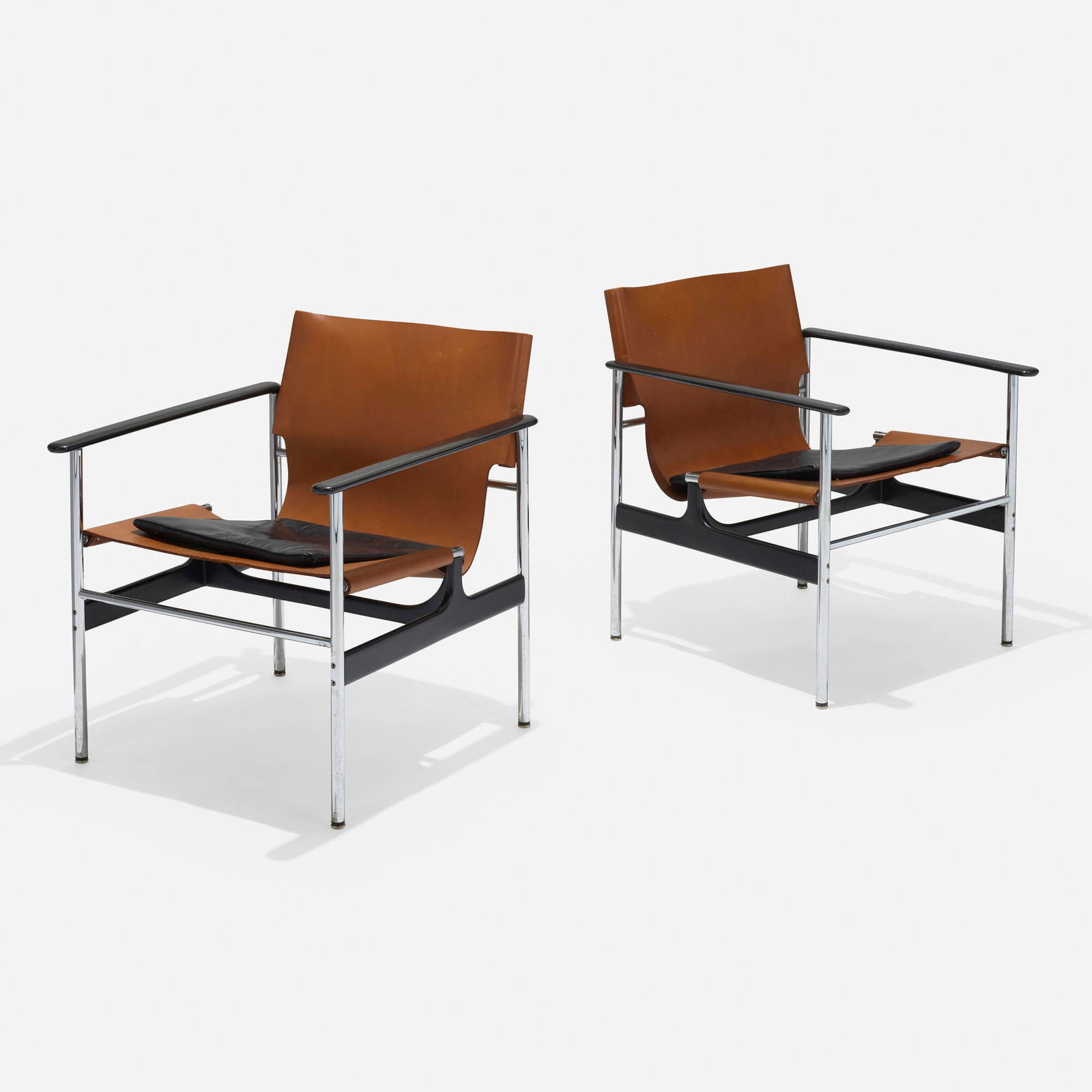 Charles Pollock, Sling chairs model 657, pair: Charles Pollock Sling chairs model 657, pair Knoll AssociatesUSA, 1964leather, chrome-plated steel, enameled aluminum 28.25 h x 25 w x 25.5 d in (72 x 63 x 65 cm) Paper manufacturer's la