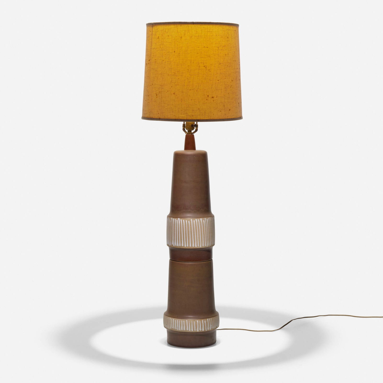 Gordon and Jane Martz, Table lamp: Gordon and Jane Martz Table lamp, model M145-35-1 Marshall StudiosUSA, c. 1955glazed earthenware, walnut, fabric shade 45 h x 14.5 dia in (114 x 37 cm) Incised signature to bottom edge '