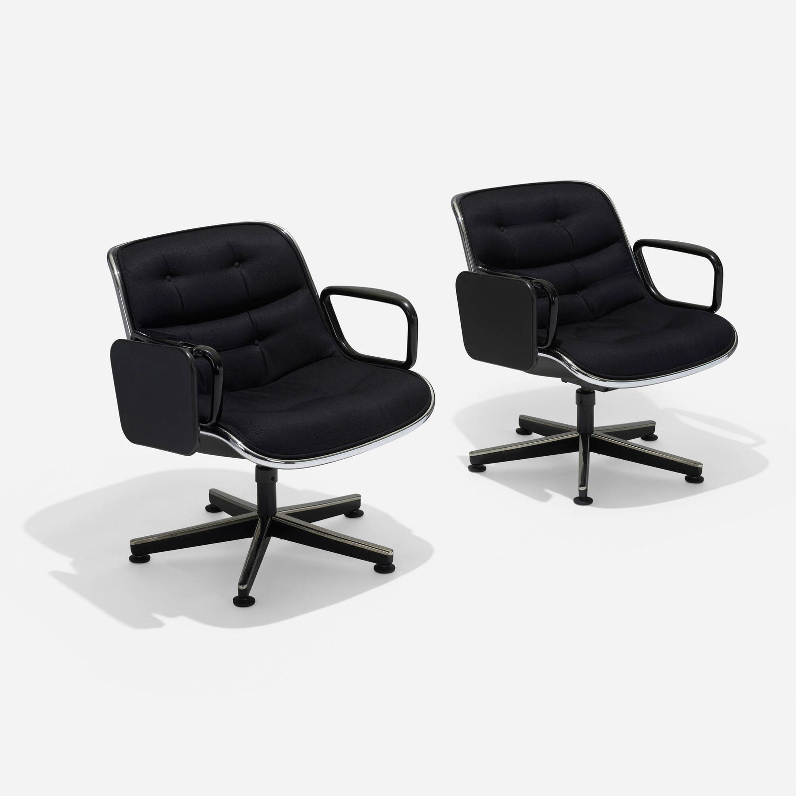 Charles Pollock, Executive chairs: Charles Pollock Executive chairs with drop-down tray tables, pair Knoll InternationalUSA, 1963 / c. 1985molded plastic, chrome-plated and enameled metal, enameled steel, fabric 29.5 h x 28 w x