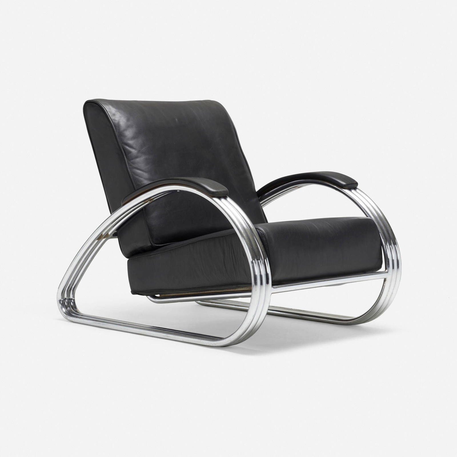 Kem Weber, C-19-C lounge chair: Kem Weber C-19-C lounge chair Lloyd Manufacturing CompanyUSA, c. 1936-37chrome-plated steel, leather, lacquered wood 29 h x 28.5 w x 40 d in (74 x 72 x 102 cm) Literature: