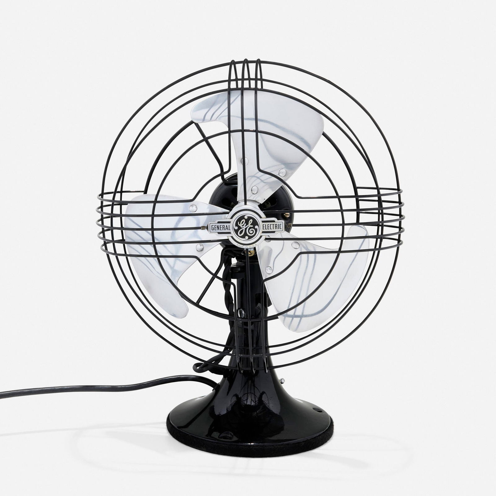 General Electric, Vortalex tabletop fan: General Electric Vortalex tabletop fan USA, c. 1945enameled steel and aluminum, aluminum 15.5 h x 12 dia in (39 x 30 cm) Printed manufacturer's mark and monogram to front 'General Electric Mad