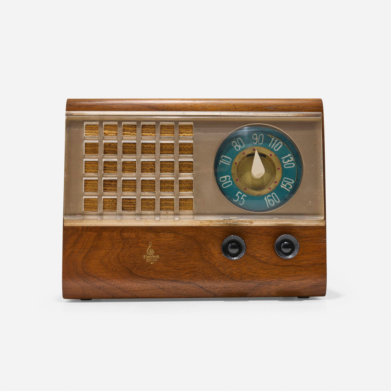 Raymond Loewy, Radio, model 504: Raymond Loewy Radio, model 504 Emerson Radio Co. USA/France, 1946 walnut plywood, plastic, fabric, enameled steel 9 h x 11.25 w x 7.25 d in (23 x 29 x 18 cm) Decal manufacturer's label to