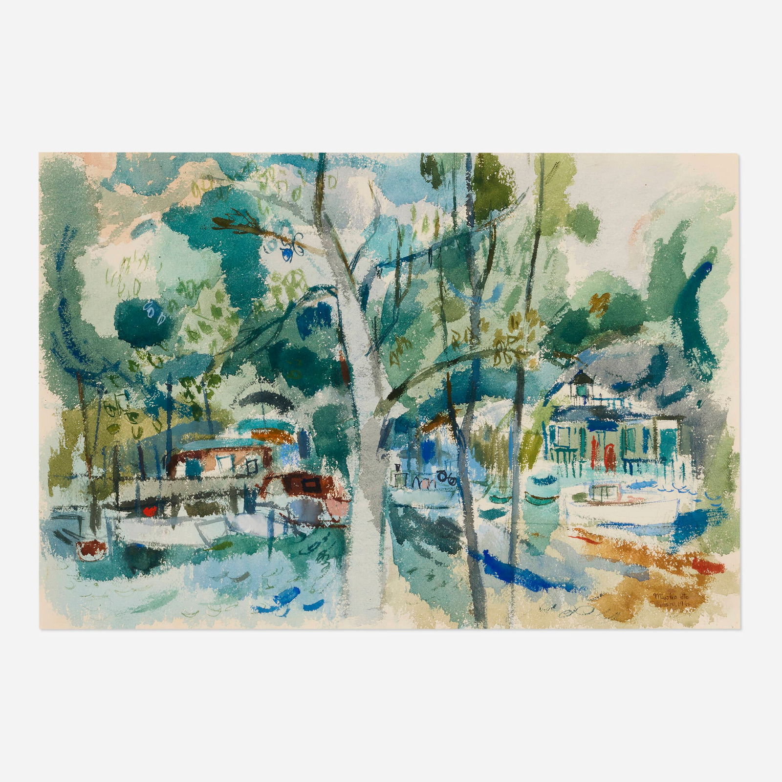 Miyoko Ito, Windy Day: Miyoko Ito Windy Day 1946watercolor on paper 15.25 h x 22.125 w in (39 x 56 cm) Signed, dated and inscribed to lower right 'Miyoko Ito Chicago, 1946'. Provenance: Tread