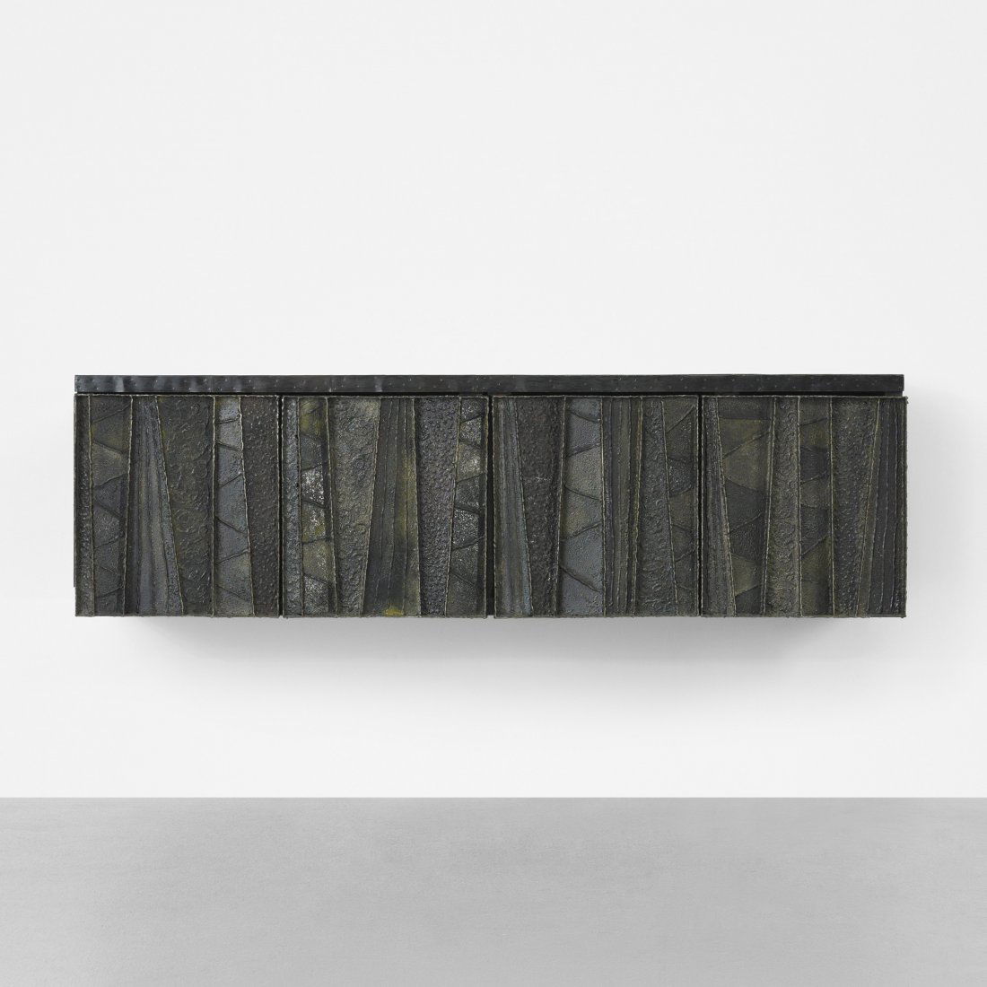 Paul Evans wall-mounted cabinet: Paul Evans wall-mounted cabinet Paul Evans Studio for Directional USA, c. 1968 welded and patinated steel, patinated copper 72 w x 20.5 d x 21 h inches Cabinet features two bi-fold doors concealing tw