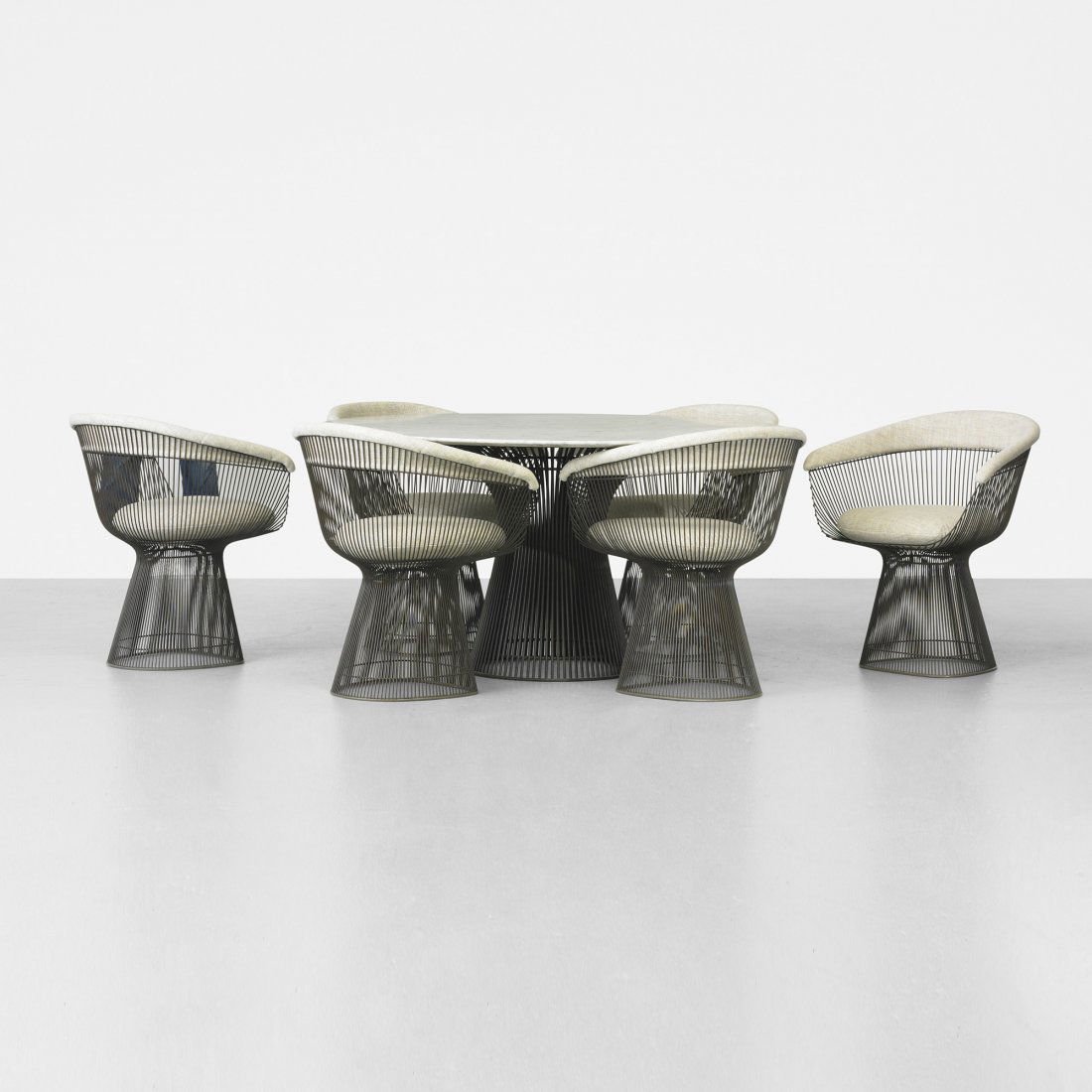 Warren Platner dining set: Warren Platner dining set Knoll International USA, 1966 bronze-plated steel, marble, upholstery 58.25 dia x 28 h inches Set includes table and six chairs; chairs measure: 27.5 w x 21 d x 29.25 h inche