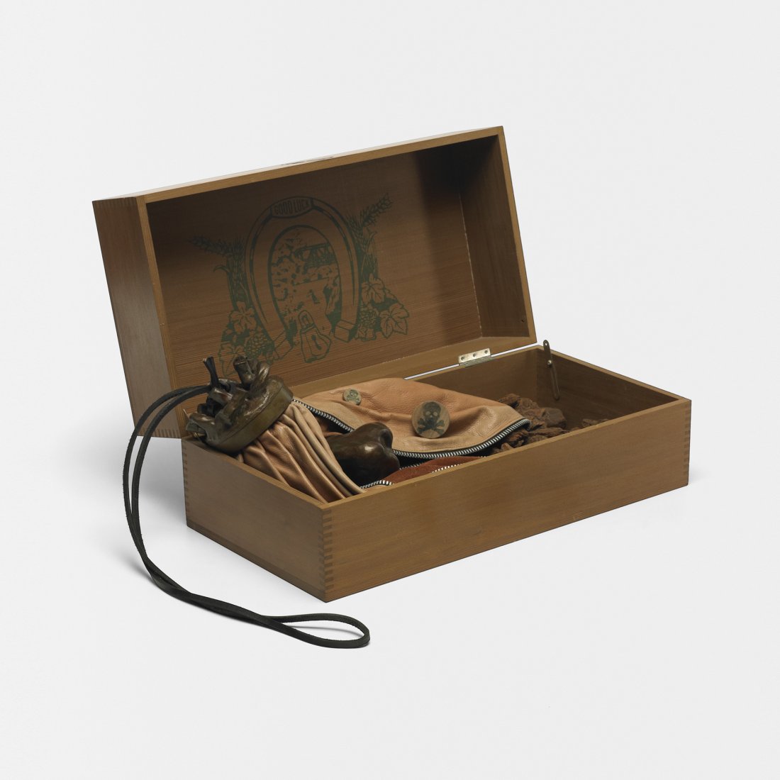 Oldenburg Double-Nose/Purse/Punching-Bag/Ashtray: Claes Oldenburg Double-Nose/Purse/Punching-Bag/Ashtray USA, 1970 dyed cowhide, cast bronze, bark chips, screenprinted wood, brass 8.5 h x 21 w inches Embossed initials, date and number to one element