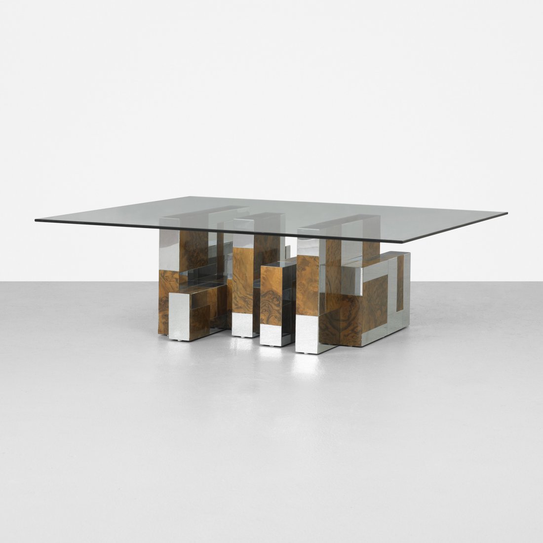 Paul Evans Cityscape coffee table: Paul Evans Cityscape coffee table Paul Evans Studio for Directional USA, c. 1975 walnut burl, chrome-plated steel, glass 30 w x 30 d x 15.25 h inches Impressed signature to edge: [An Original Paul Eva