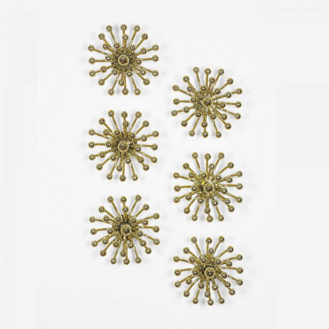 Studio Tetrarch Pistillino sconces, set of six: Studio Tetrarch Pistillino sconces, set of six Valenti Italy, 1969 plastic 12 dia x 32.5 h inches Signed with molded manufacturer's mark to reverse of each example: [Valenti e C. Milano Mod. Pistillin