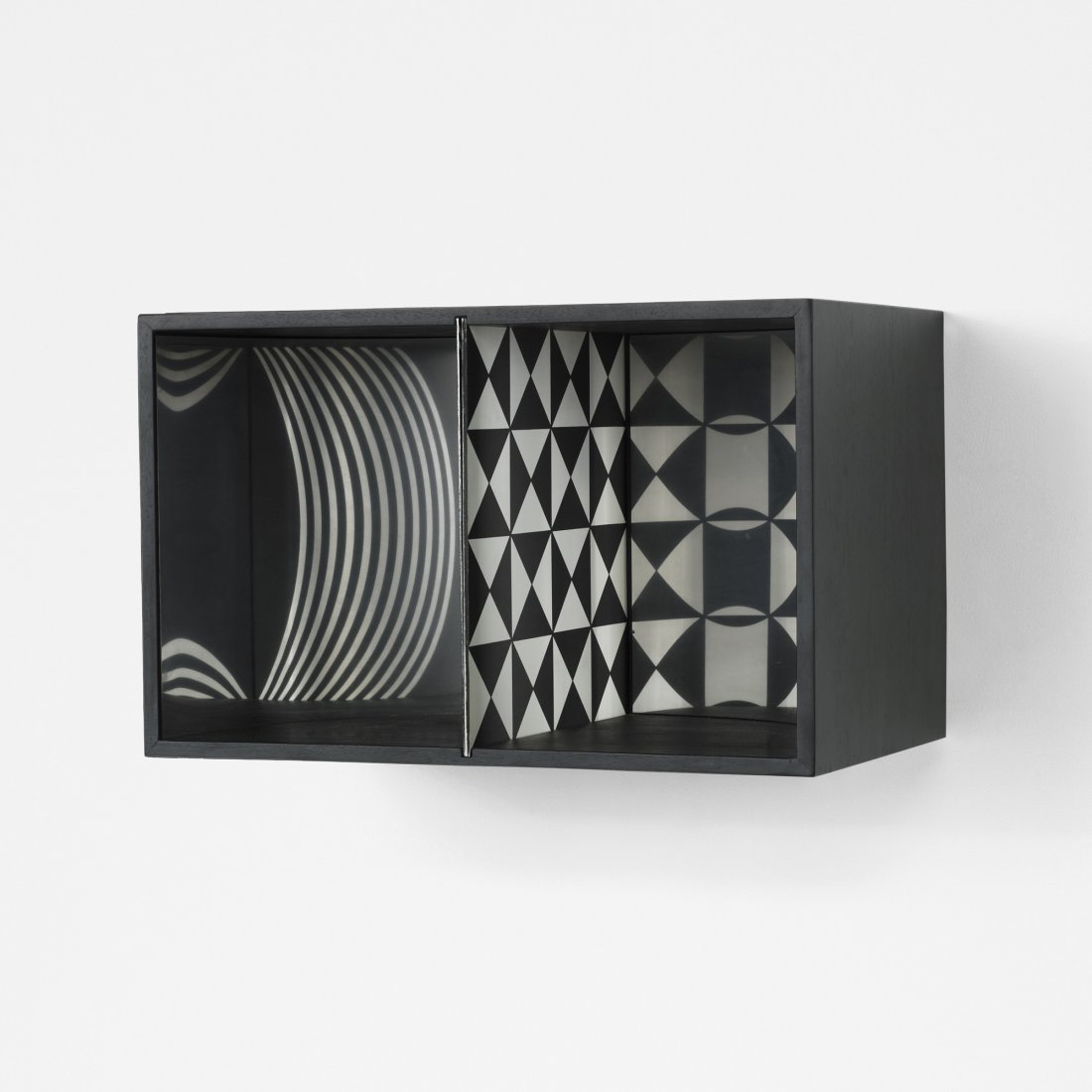 Le Parc Formes Virtuelles par Deplacement…: Julio Le Parc Formes Virtuelles par Deplacement du Spectateur Argentina, 1965 lacquered wood, printed card stock, polished aluminum 14.5 h x 23.5 w inches The interior features four interchangeable ca