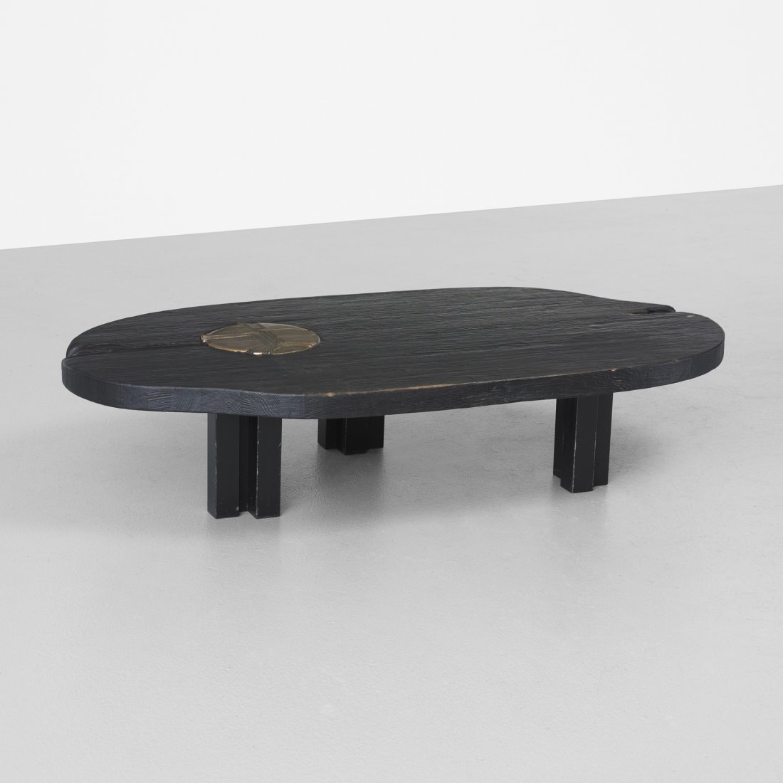 Christian Krekels coffee table: Christian Krekels coffee table Belgium, c. 1980 stacked, carved and lacquered oak, enameled steel, bronze 55.5 w x 29 d x 12 h inches Incised signature to applied metal plaque: [Christian Krekels].